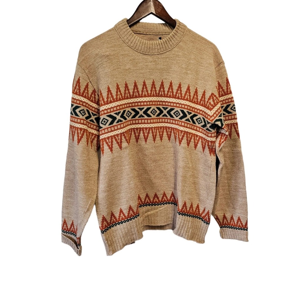 Vintage‎ PURITAN Aztec Sweater Western Large Tan Orange Green